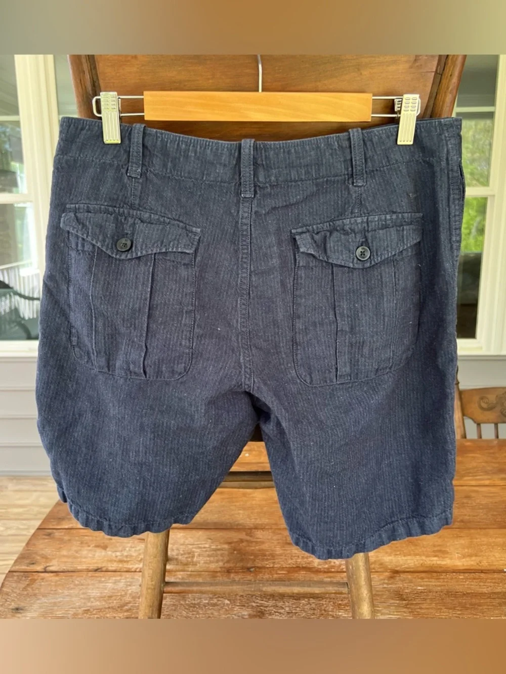 Banana Republic Navy Pinstripe Linen Cotton Blend Flat Front Chino Shorts W32